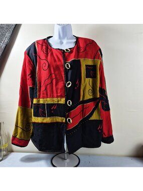 Allure Women 1X Art to wear Patchwork Jacket Embroidered Boho Owl Buttons